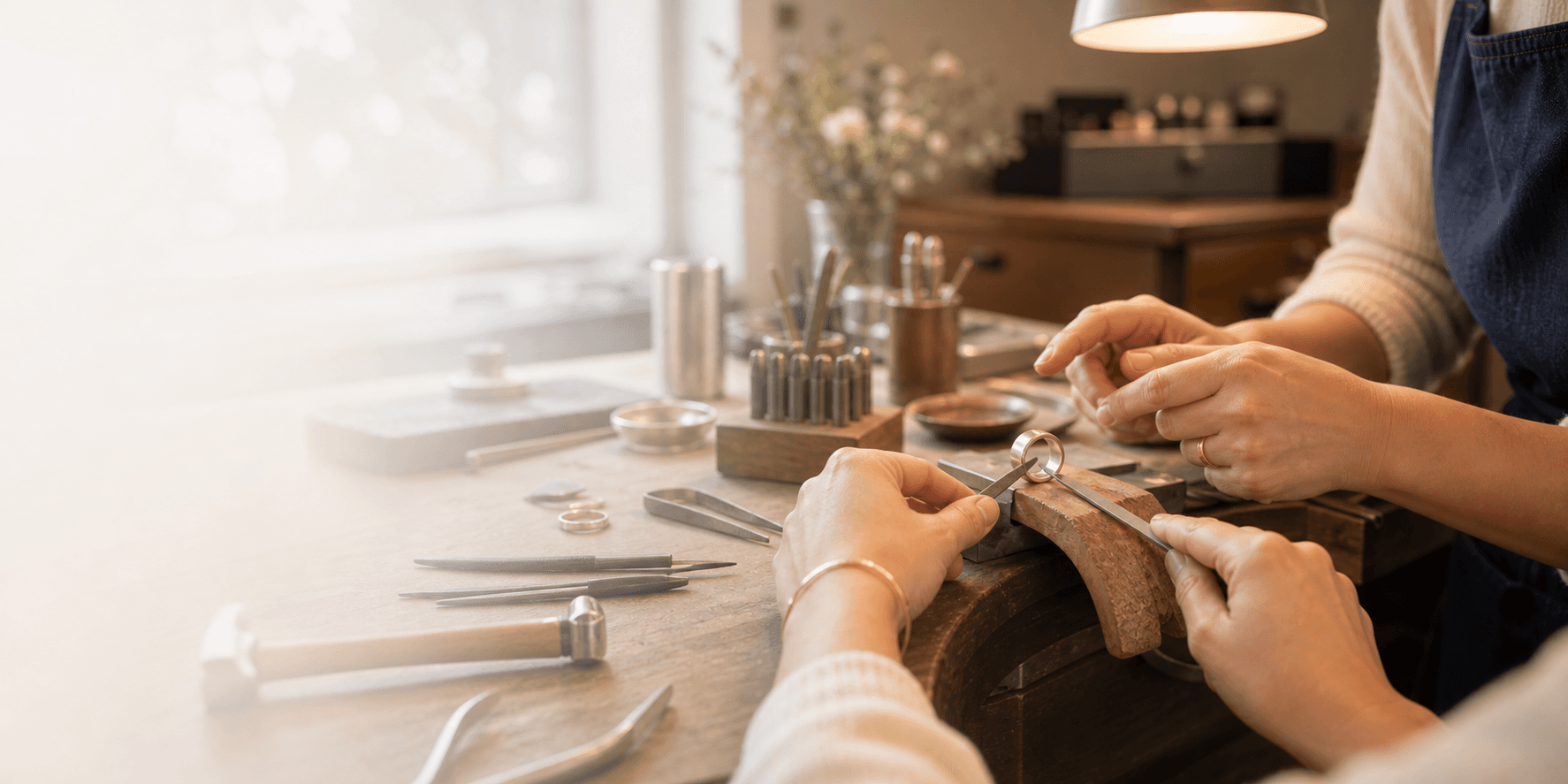 Hände arbeiten an einem Ring in der Goldwerkstatt Mondstein