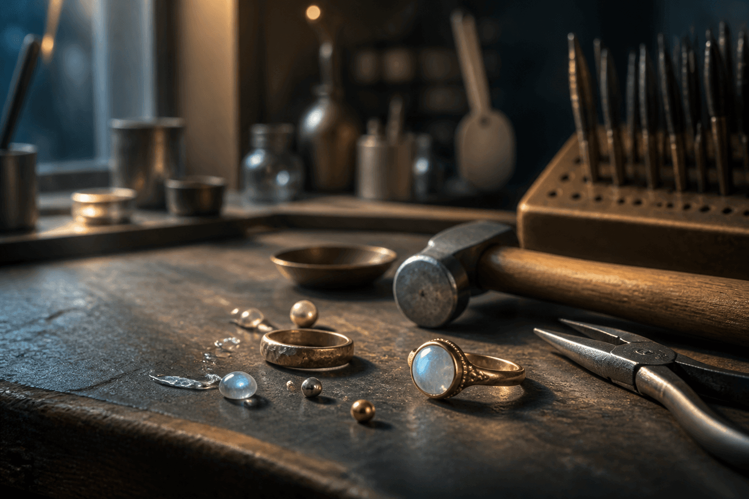 Goldschmiedewerkbank mit Ringen, Mondstein, Hammer und feinen Werkzeugen